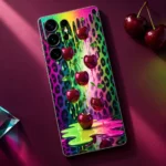 Neon Cherries Mobile Skin styled flat-lay view