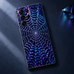 Neon Spider Web Mobile Skin styled flat-lay view