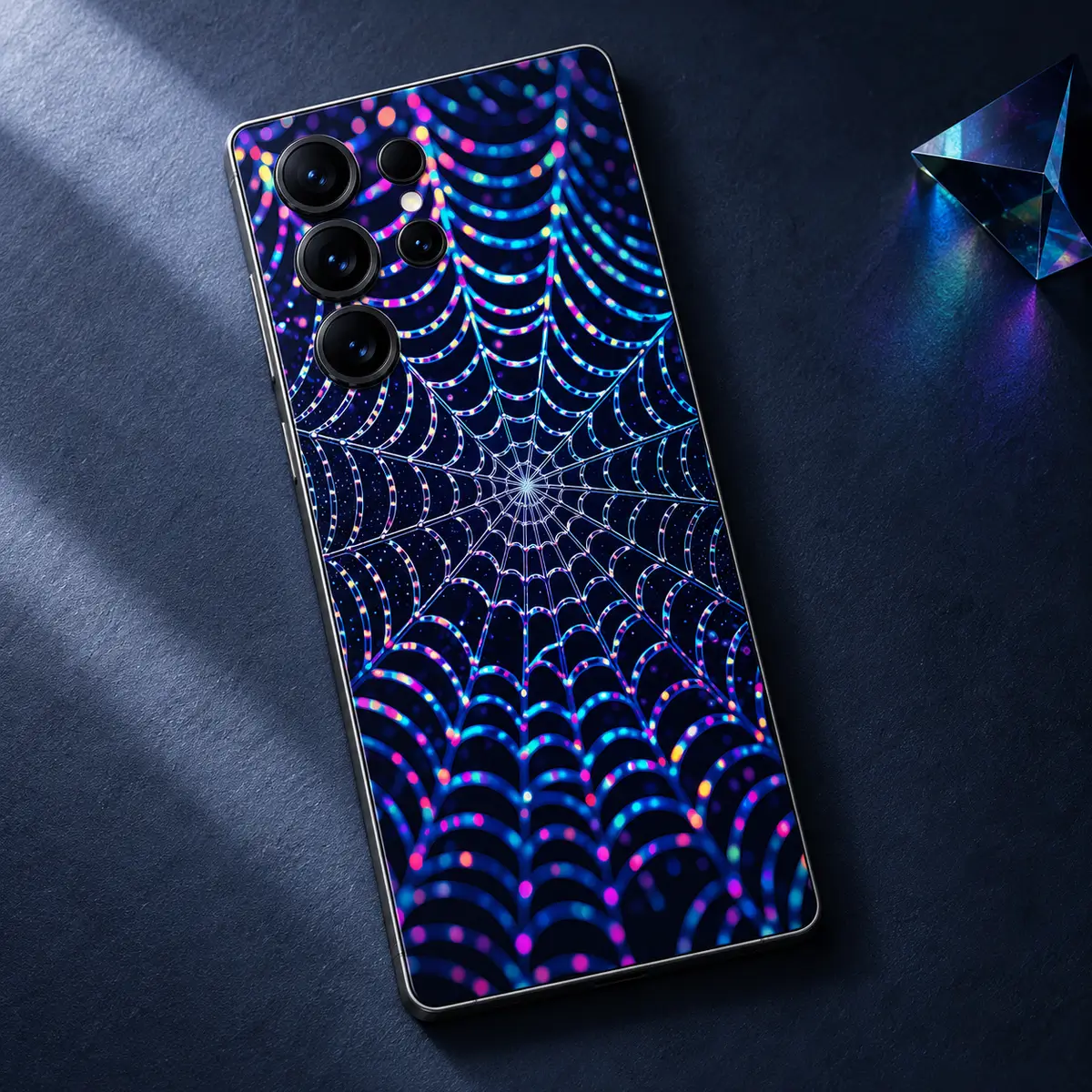 Neon Spider Web Mobile Skin – styled flat-lay view Neon Spider Web Mobile Skin styled flat-lay view