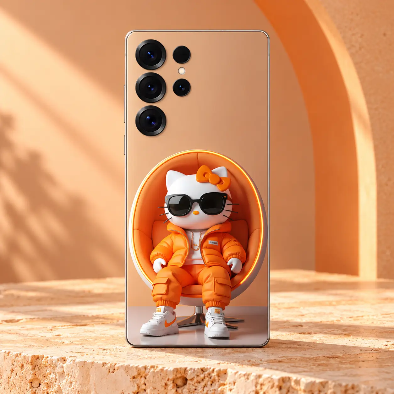 Orange Streetwear Cat Mobile Skin – Front View Orange Streetwear Cat Mobile Skin shown on a phone against a warm peach backdrop