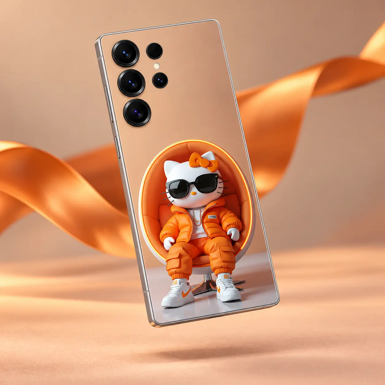 Orange Streetwear Cat Mobile Skin – styled product view Orange Streetwear Cat Mobile Skin styled product view