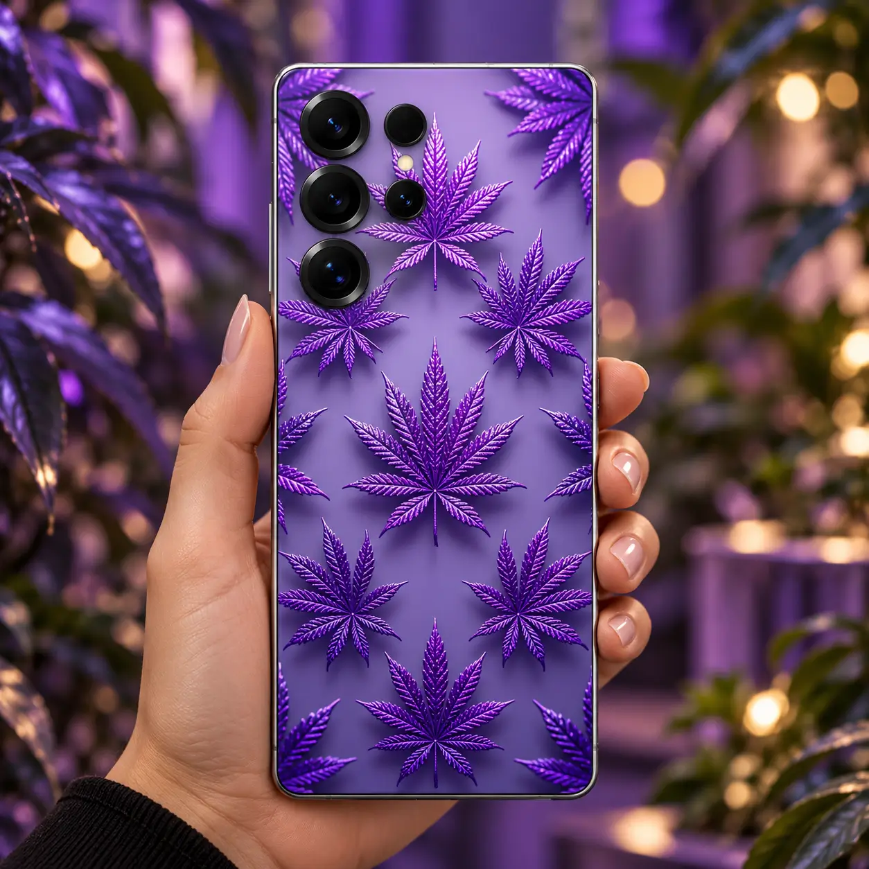 Purple Leaf Pattern Mobile Skin – in-hand lifestyle view Purple Leaf Pattern Mobile Skin in-hand lifestyle view