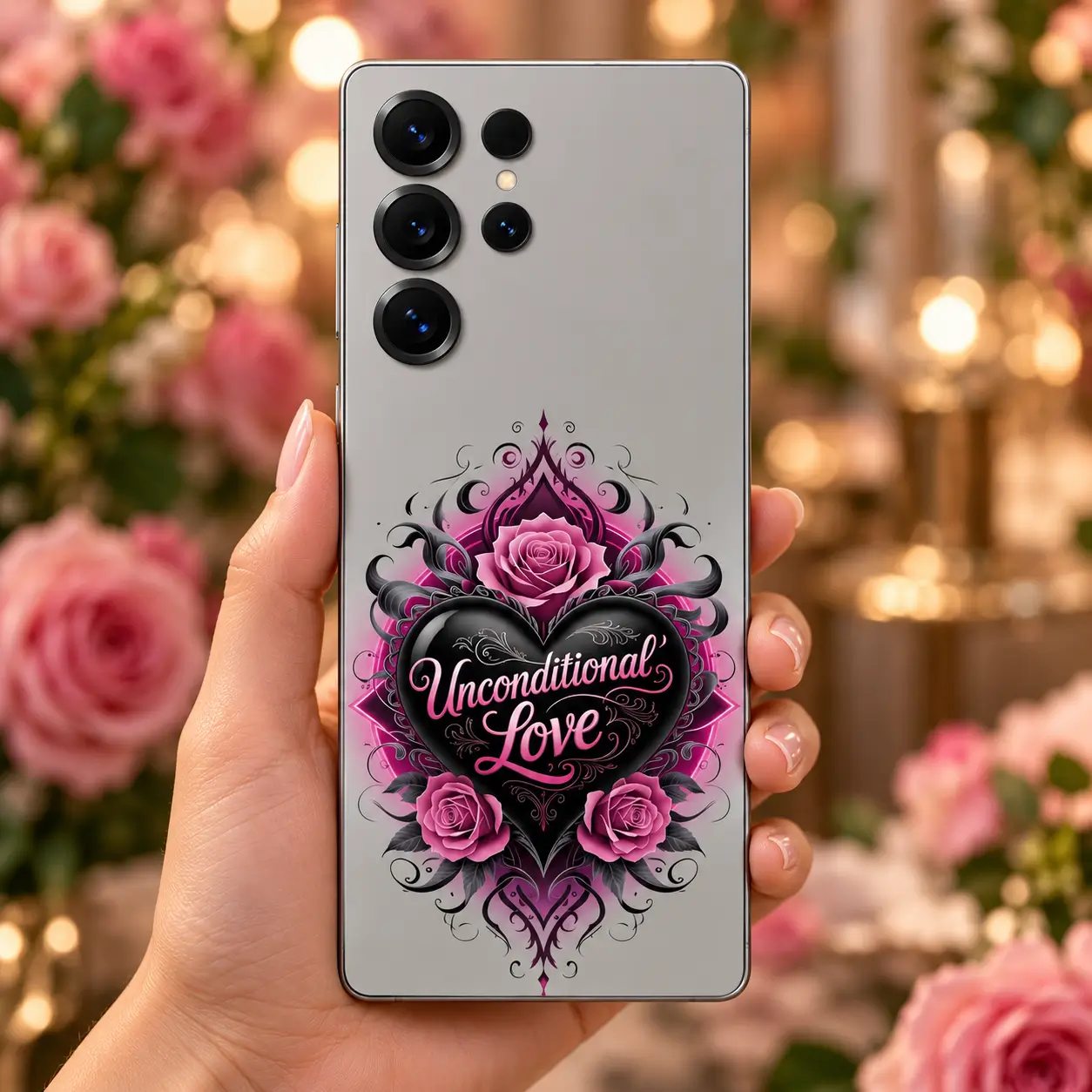 Unconditional Love Rose Mobile Skin – in-hand lifestyle view Unconditional Love Rose Mobile Skin in-hand lifestyle view